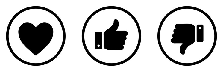 Heart, thumb up and thumb down, like and dislike vector icons set in black color. Love, like, and dislike icons. Vector illustration.