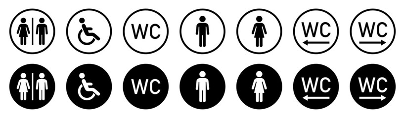 Wc toilet icons set. Male and Female gender sign. Toilet for boys, girl and disabled people sign with wc text left and right direction arrow. Lavatory concept. Vector icon for business & advertising.