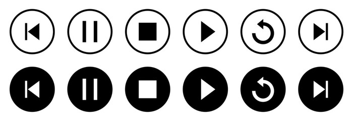 Media player buttons set. Media player icons in circle isolated on a white background. Play, pause, replay, previous, and next track media player icons. Vector illustration. Flat style.