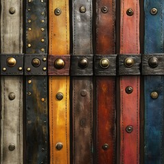 Fototapeta premium Collection of various colored leather belts with metal studs.