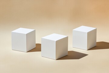 Three white cubes on beige background.