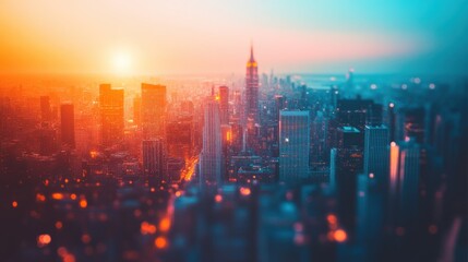 Fototapeta premium Vibrant Sunset Over Skyline of Urban City with Blurred Elements