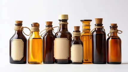 A collection of luxury essential oils with elegant labels, placed in glass bottles on a white surface, on a white isolated background