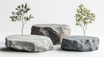 A minimalist arrangement of small rocks with tiny trees, symbolizing nature and resilience in a serene setting.