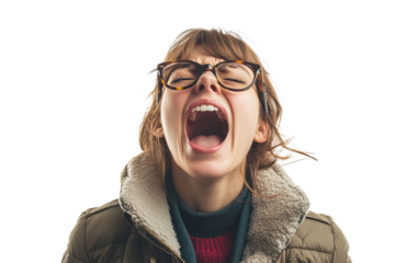 30 year old nerdy woman leaning forward with mouth wide open, eyes closed, jacket, on a white background