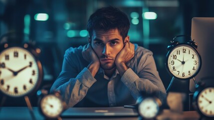 Tired man in a dim office with multiple clocks representing time pressure