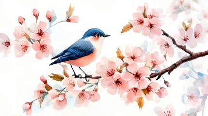 Fototapeta premium Bird on tree branch with beautiful flower in Spring.