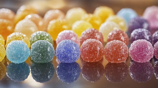 A row of colorful jelly beans are displayed on a table. The jelly beans are of various colors, including red, blue, green, yellow, and purple. The jelly beans are arranged in a neat row