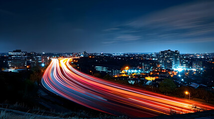 Night Cityscape with Light Streaks from Traffic on Highway and Buildings in Background with Blurred Motion Under Dark Sky