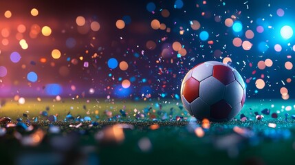 Fototapeta premium Colorful Soccer Ball Surrounded by Bokeh and Glittering Confetti