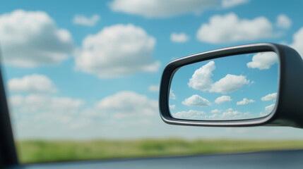 Reflecting soft clouds in a rearview mirror while driving through a serene countryside landscape under a bright blue sky