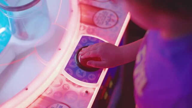 A point-of-view shot of a child playing an arcade game, captured from a slightly elevated angle. The glowing red and blue neon lights illuminate the game console as the child presses the button.