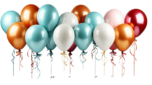 Shiny Balloons Festive Party Decor, Colorful Birthday Celebration with Red, Gold, and Teal, isolated on transparent background.