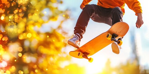 Young Skateboarder Performing a Trick in Autumn Park Setting