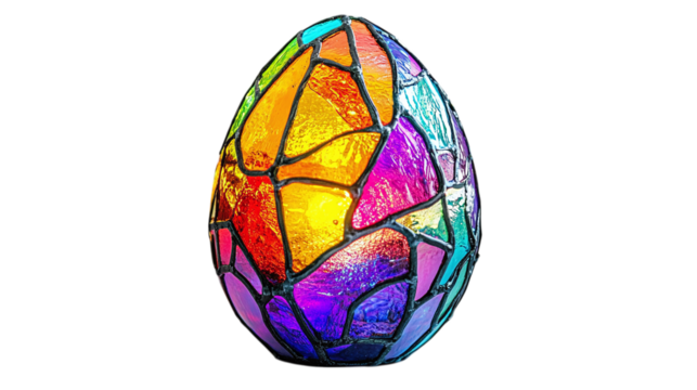 Easter egg with a stained-glass window effect, reflecting colorful lights on a white background --ar 16:9