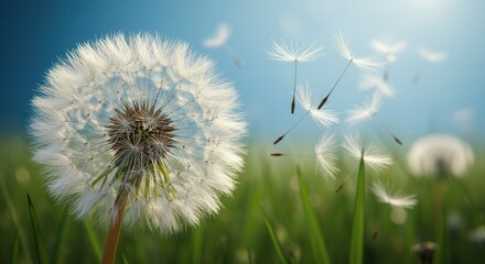 Dandelion Seeds Blowing in the Wind on a Bright Sunny Day