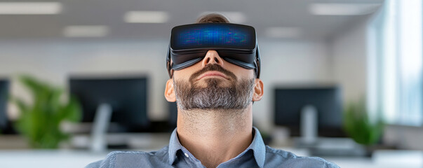 Man experiences virtual reality in a modern office setting during work hours, exploring immersive technology and digital environments