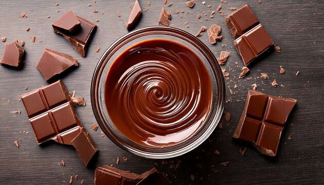 v&oacute;rtice de chocolate em recipiente com peda&ccedil;os de chocolate em volta