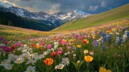 Obraz premium Beautiful colorful wild flowers with snow mountain in Spring.