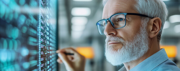 Senior man analyzing data on digital screen in modern office environment during daytime hours with advanced technology