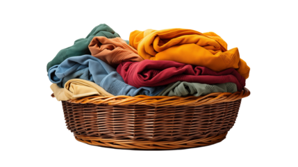 Warm Clothing in Basket Autumnal Tones, Cozy Laundry for Home Themes, isolated on transparent background.