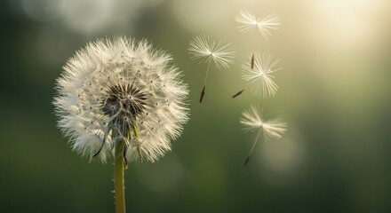 Fototapeta premium Dandelion Seeds Blowing in the Wind with Soft Green Background