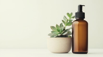 A bottle of handcrafted body lotion, placed beside a potted succulent