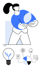 Woman holding leaf as a sign of ecology, paired with icons of clean energy, blockchain, finance, data analytics, certifications, and housing. Ideal for eco-awareness, innovation technology