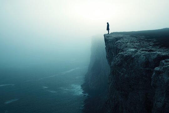 A solitary figure stands at the edge of a misty cliff overlooking a vast, dark ocean, evoking feelings of isolation and contemplation.