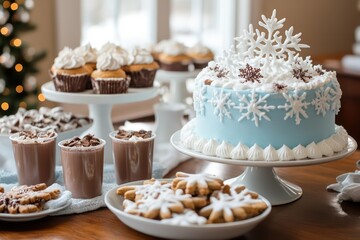A holiday-themed party table with a snowflake cake, cookies, and hot chocolate cups