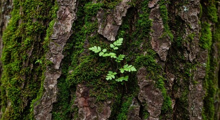 Fern Growing on Moss Covered Tree Bark Close Up Texture