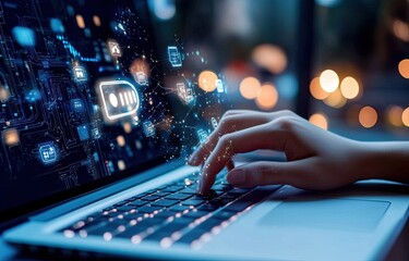 Night-time laptop use with digital interface overlay in cafe