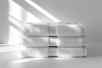 Stack of four pristine white bath towels, neatly folded, bathed in sunlight.