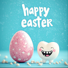 easter greeting card; dental humor with easter egg, happy easter message & tooth character