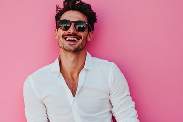 Obraz premium Happy Handsome Man Smiling Wearing White Shirt Sunglasses Pink Background Studio Portrait Fashion Model Lifestyle Photography Joyful Cheerful 