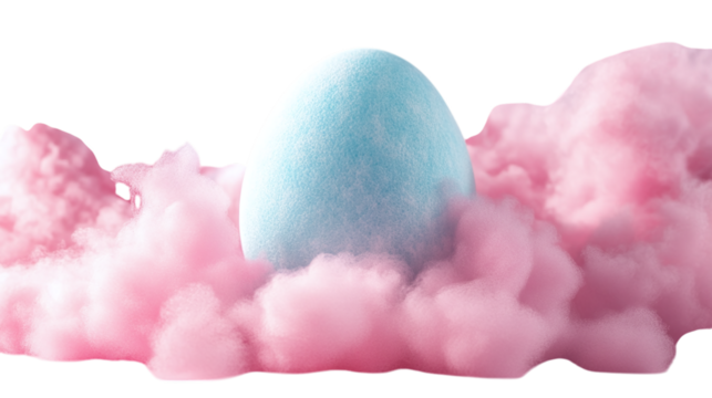 Easter egg wrapped in soft pastel-colored cotton candy, slightly melting on a transparent background --ar 16:9