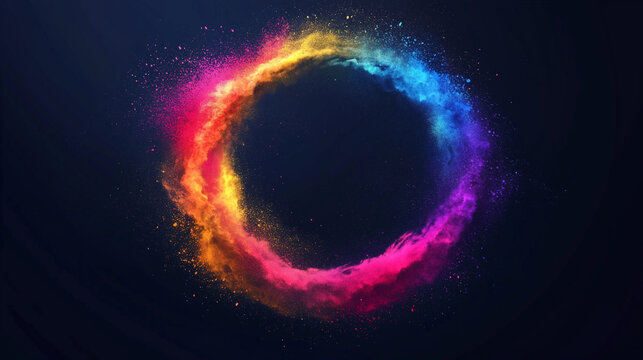 A vibrant circular explosion of Holi powder with bright colors on a dark background.