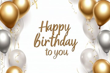 "Happy birthday to you", written in the middle of the frame, golden balloons around it, white background, elegant font, balloon decoration celebratory atmosphere golden and silver colors Generative AI