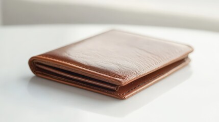 Obraz premium A luxurious leather wallet, placed on a white surface with soft lighting