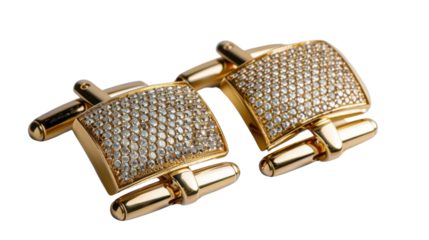 Pair of golden cufflinks covered with diamonds on transparent background