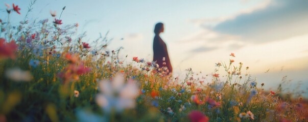 A solitary person stands among a field of colorful wildflowers