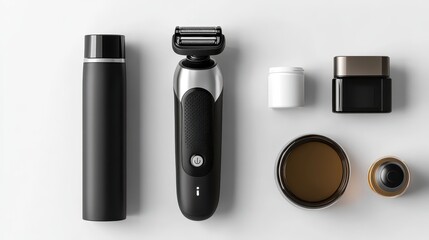 A sleek electric shaver with a modern design, placed next to grooming products, on a white isolated background