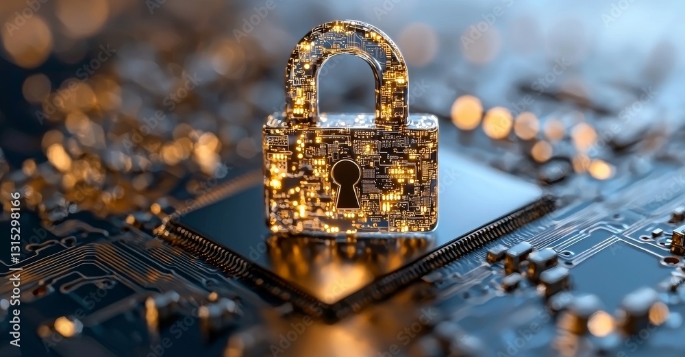 Poster cyber security network, digital padlock icon, and data protection technology are displayed on a virt
