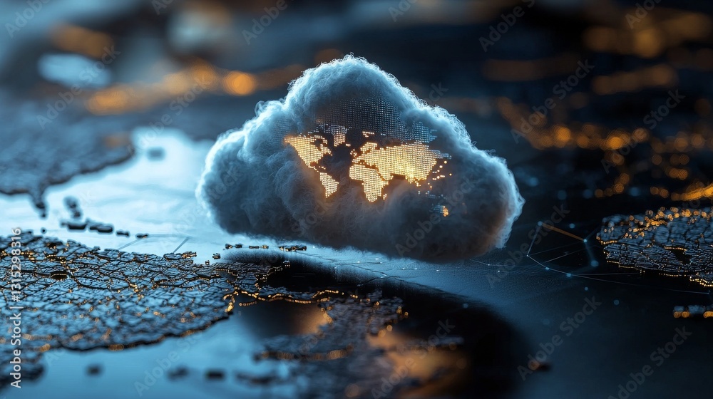 Poster the concept of data transfer cloud computing technology is represented by a large, central cloud ico