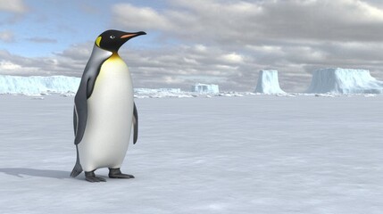 Obraz premium Majestic Penguin Standing on Antarctic Ice with Stunning Icebergs in the Background