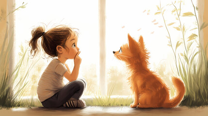 Children and pet, quiet moments, shared secrets as they sit together, the child whispering to their furry friend. Whispering - Wind. Illustration