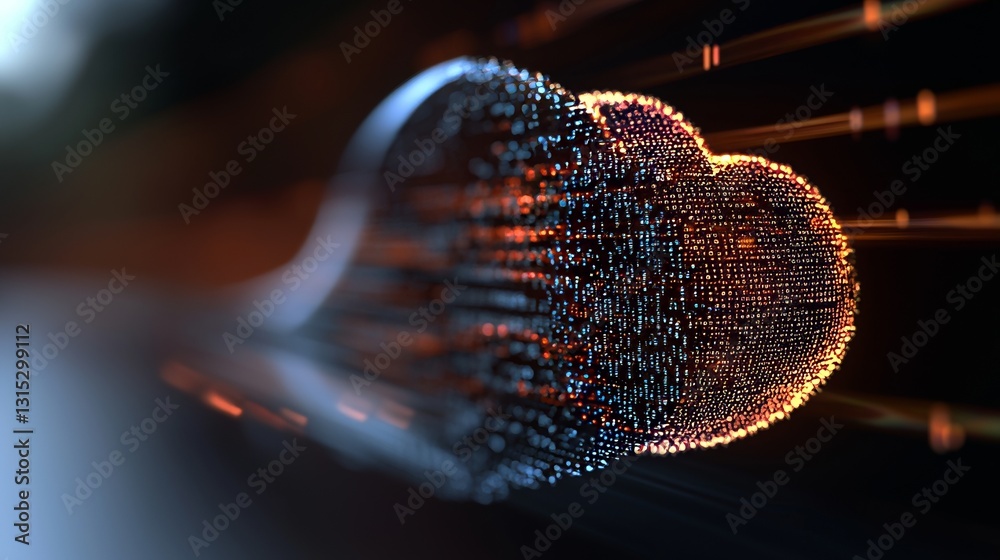 Poster a large cloud icon is centered amidst abstract code, interconnected polygons, and multicolored dots 
