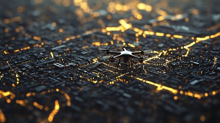 Aerial Drone Monitoring Over Cityscape at Night
