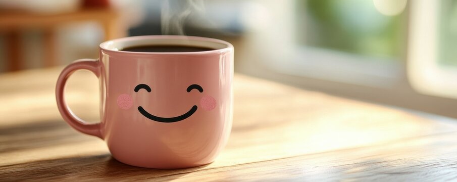 A joyful start enjoying black coffee in a charming pink mug with a playful face design