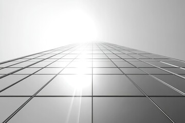 A low-angle view of a modern glass skyscraper reaching towards a bright sky.